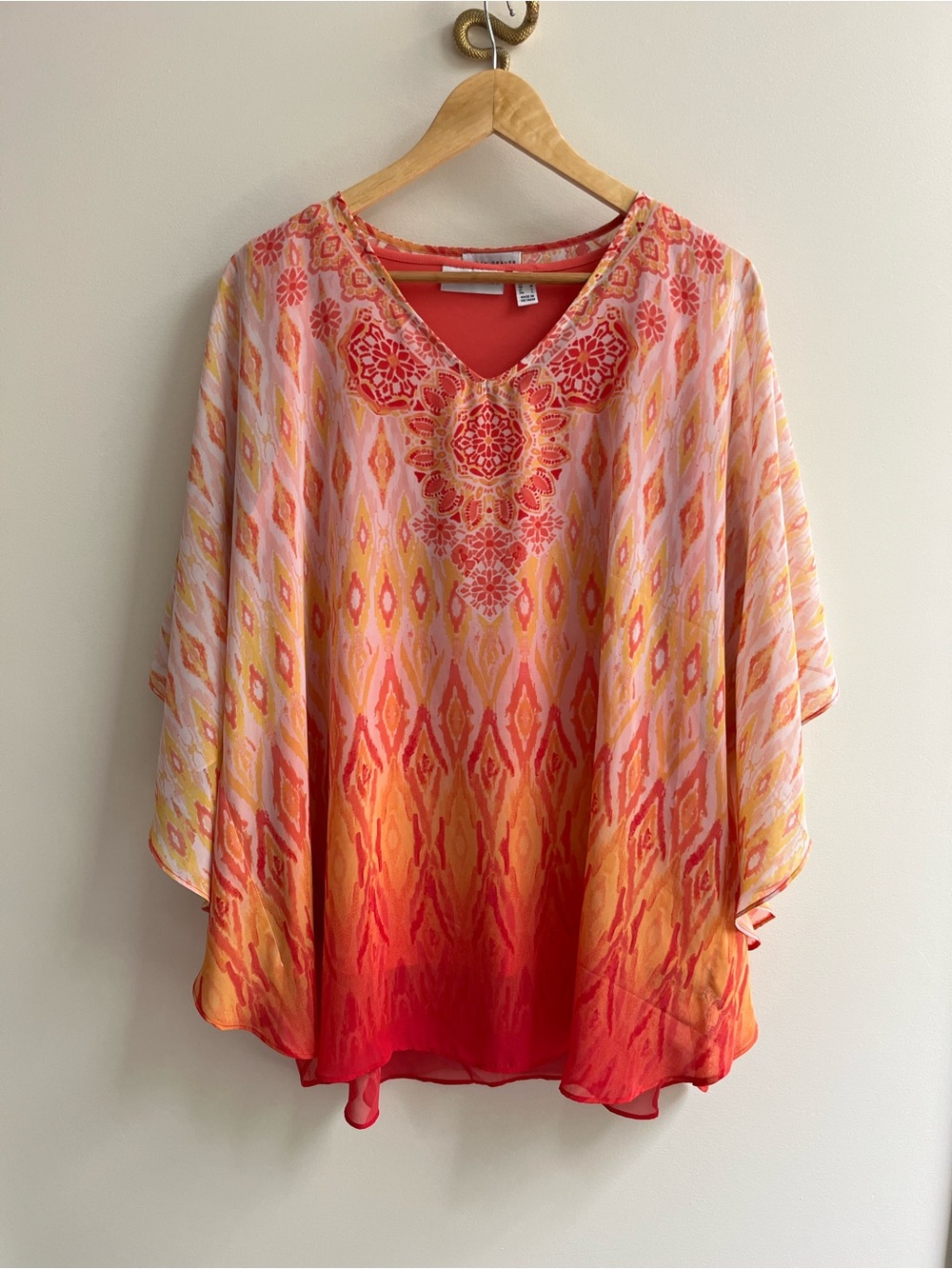 Susan Graver Two Piece Sheer Chiffon Scarf Print Blouse w/ Matching Tank Coral M